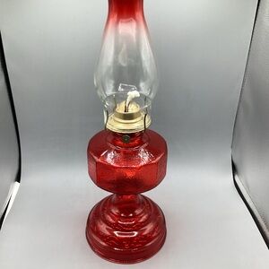 Vintage P & A Risdon Ruby Red Flash Homesteader Glass Oil Lamp & Chimney USA